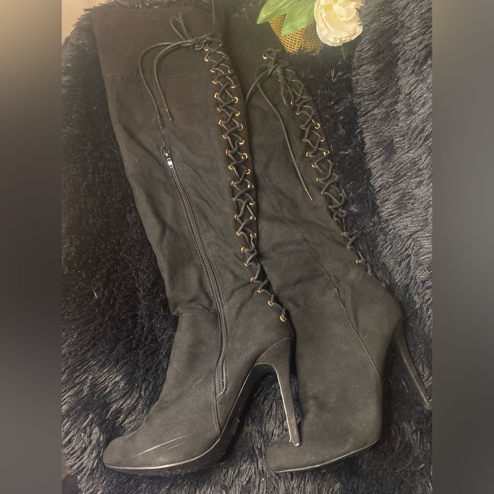 Anne Michelle Dominant 10S THIGH HIGH BOOTS Size 8.5 Black Laceup Faux Suede